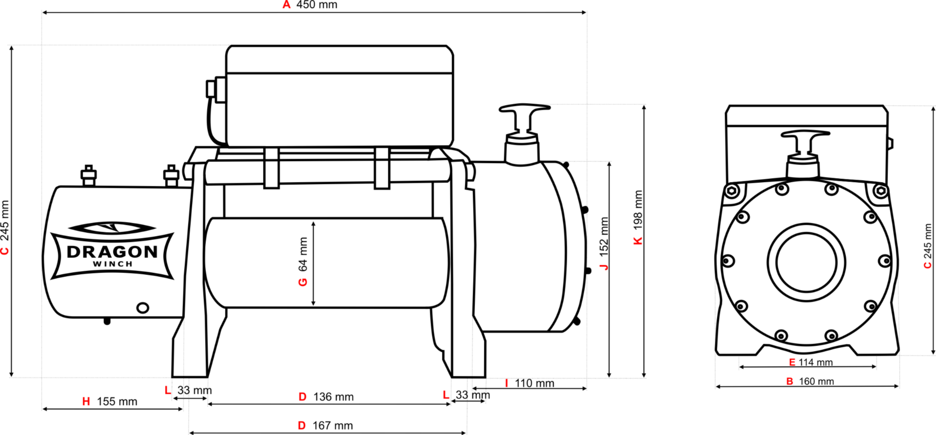 Wyciągarka DRAGON WINCH Maverick 10000 HD - schemat techniczny urządzenia