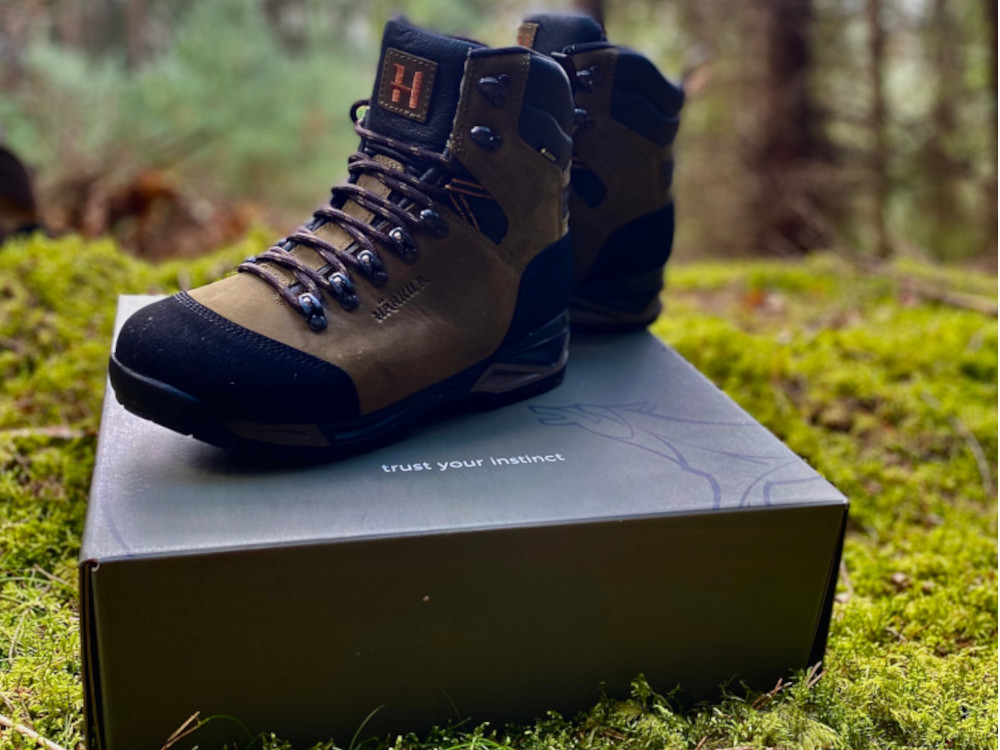 BUTY HARKILA PRO HUNTER LIGHT MID GTX - Cienisty Brąz - Buty na tle lasu z kartonem